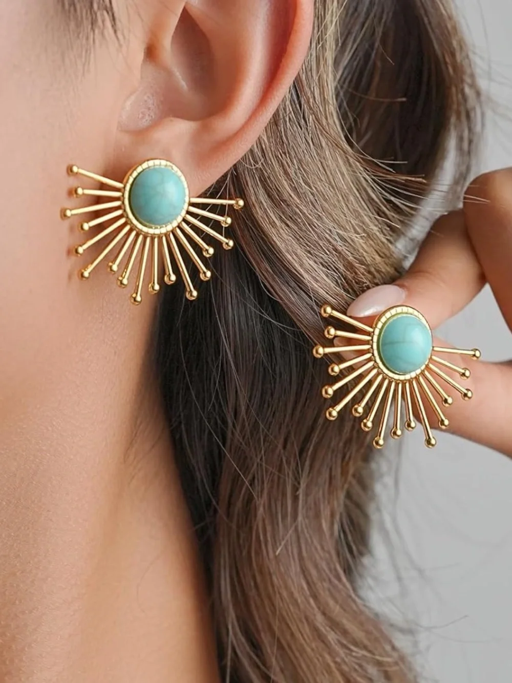 Anthropologie Gold color Sunburst Earrings with Turquoise Center